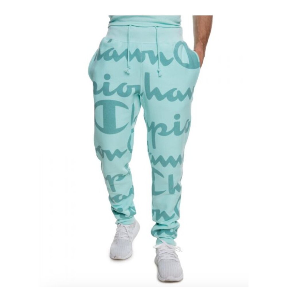 Champion Reverse Weave Men's All Over Print Jogger Pants Elastic Waist Green M